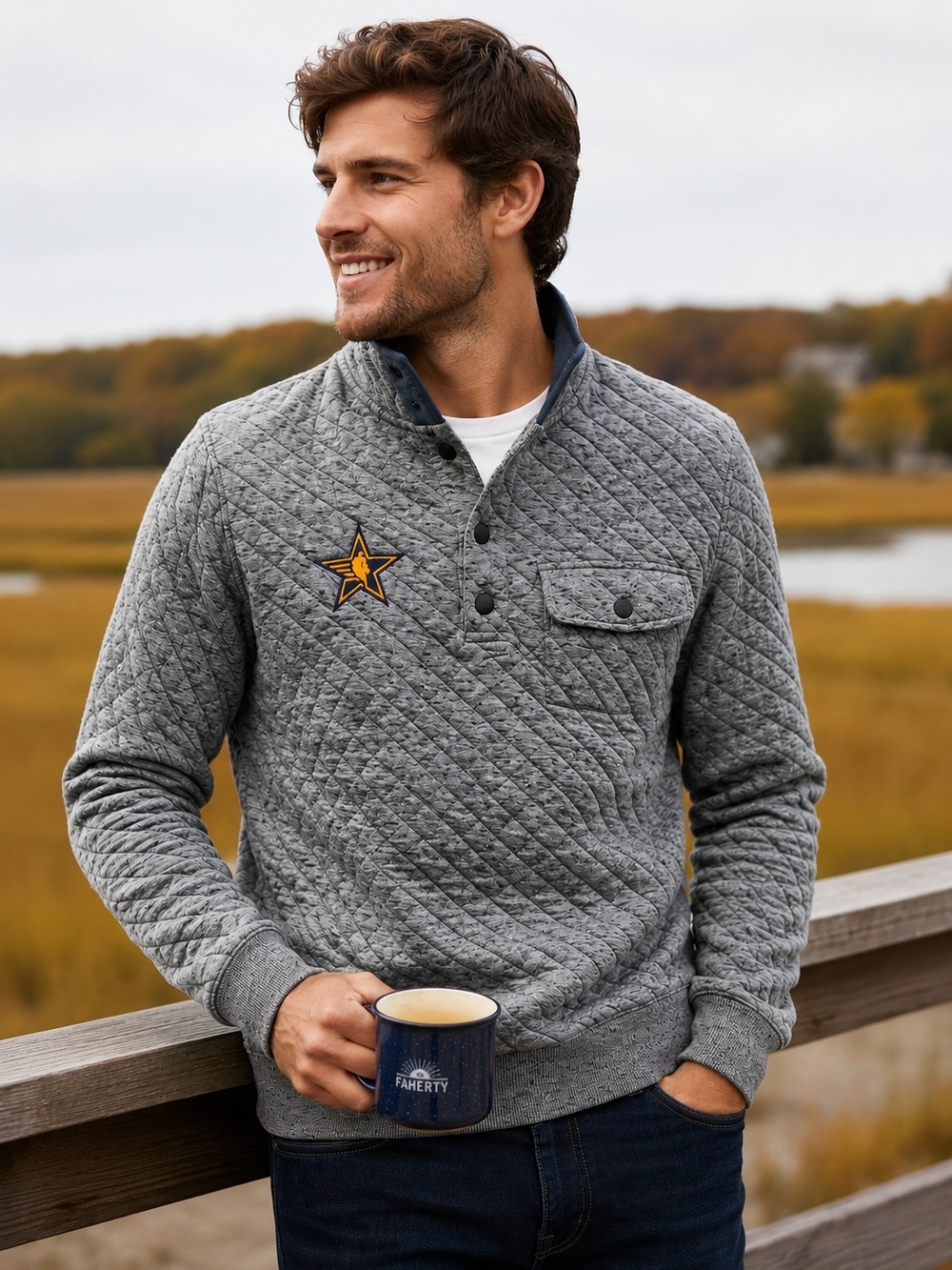 Faherty Quilted Snap Neck Pullover Sweatshirt Gray NBA All-Star NWT Medium